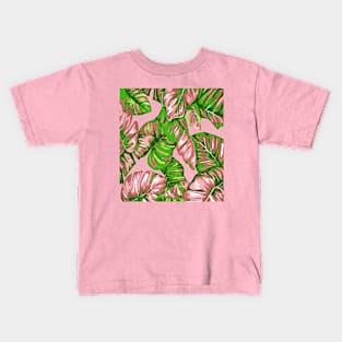 Tropical Leaves Of Banana and Monstera Pink Green Cut Out Kids T-Shirt